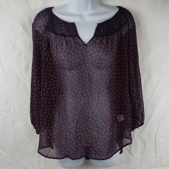 St John's Bay Women's Medium Navy Blue Leaves Sheer Blouse - Picture 1 of 12